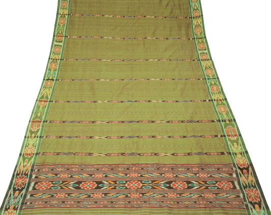 Sushila Vintage Sambalpuri Ikat Saree Pure Cotton Silk Hand Woven Green Fabric