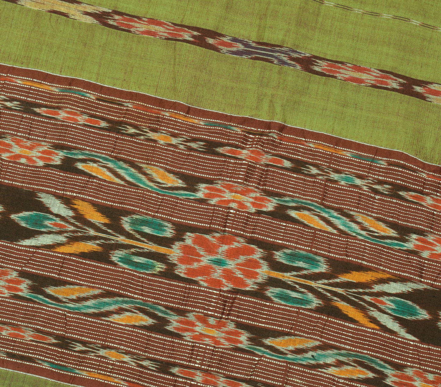 Sushila Vintage Sambalpuri Ikat Saree Pure Cotton Silk Hand Woven Green Fabric