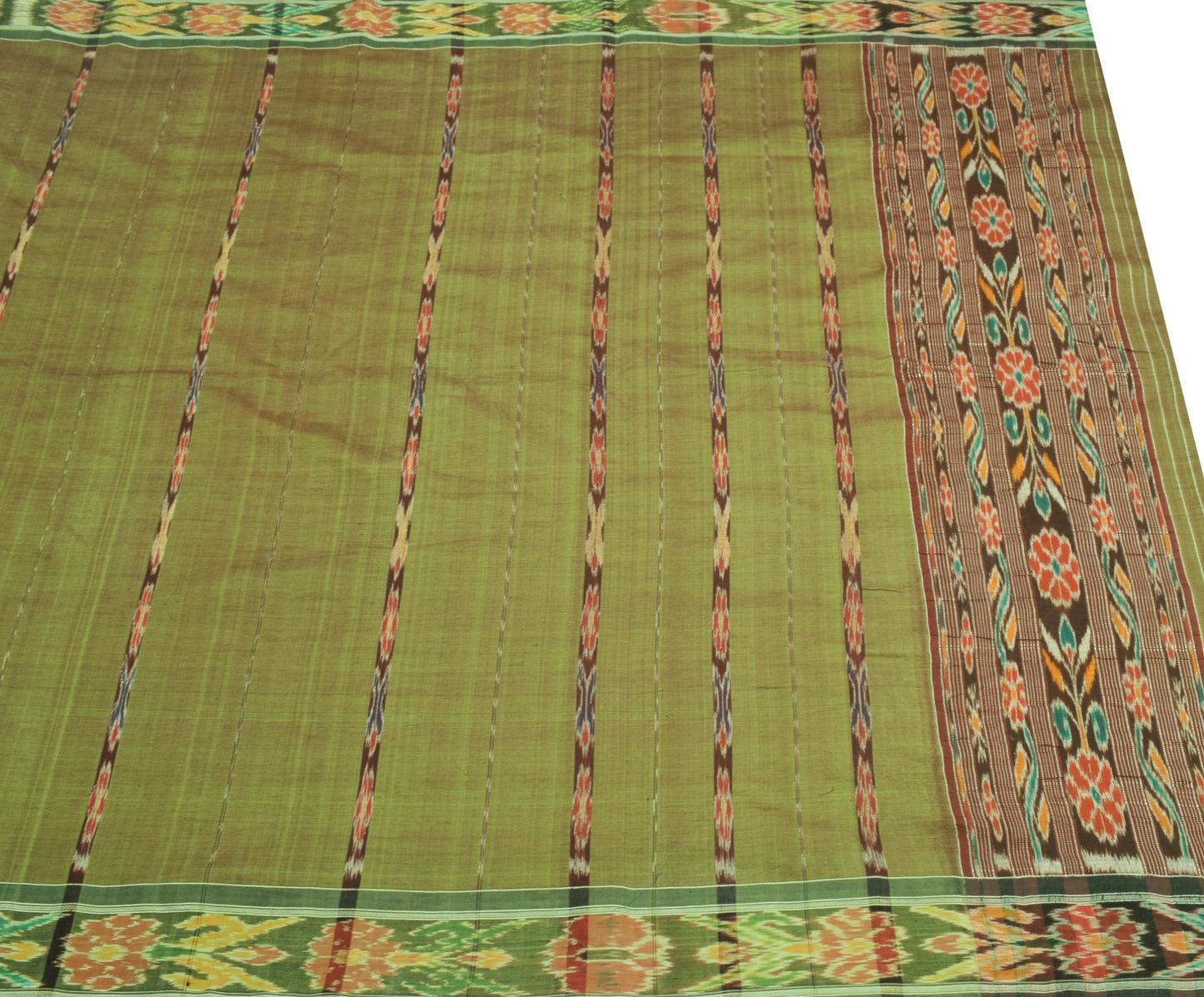 Sushila Vintage Sambalpuri Ikat Saree Pure Cotton Silk Hand Woven Green Fabric