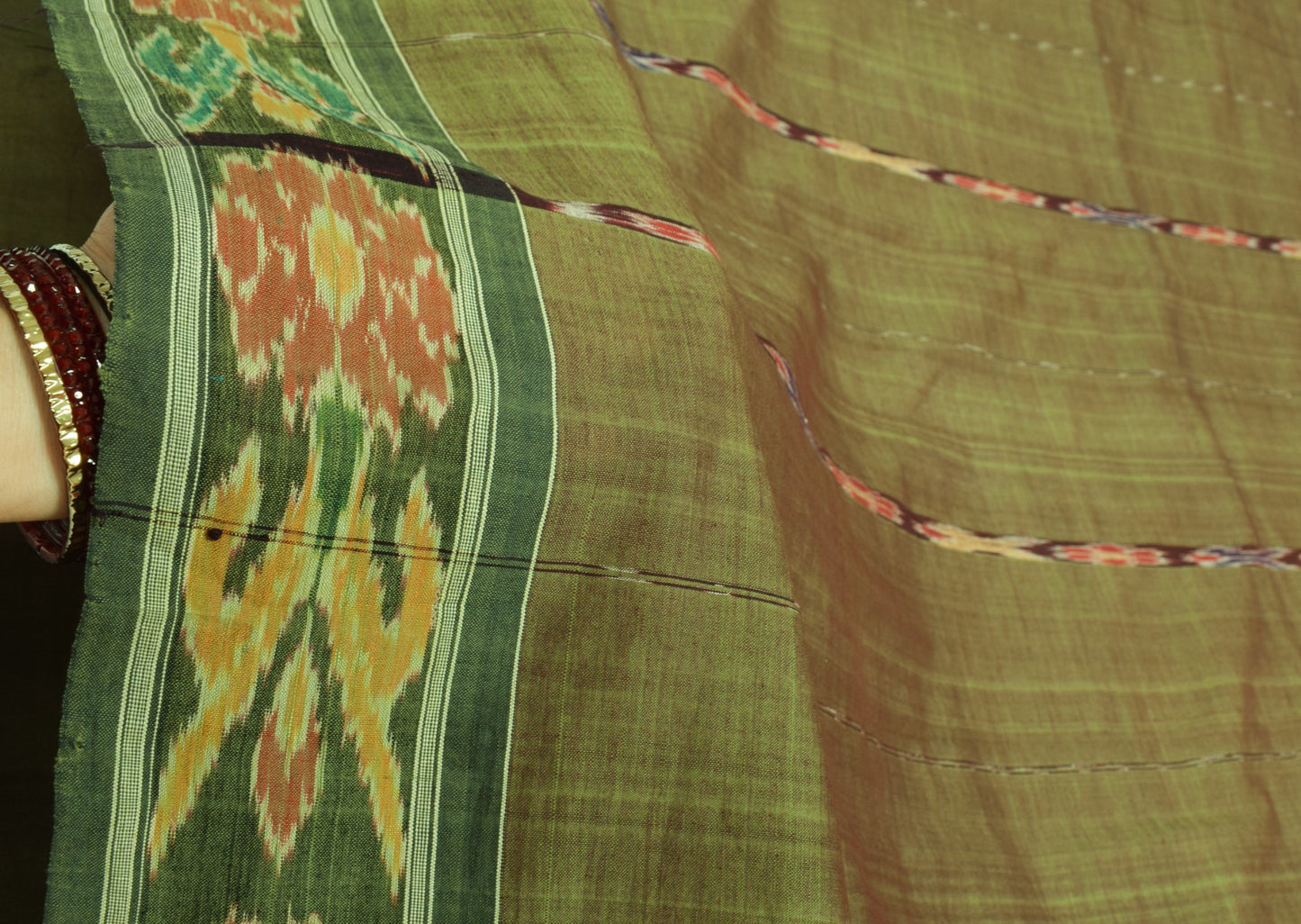 Sushila Vintage Sambalpuri Ikat Saree Pure Cotton Silk Hand Woven Green Fabric