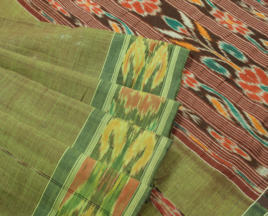 Sushila Vintage Sambalpuri Ikat Saree Pure Cotton Silk Hand Woven Green Fabric
