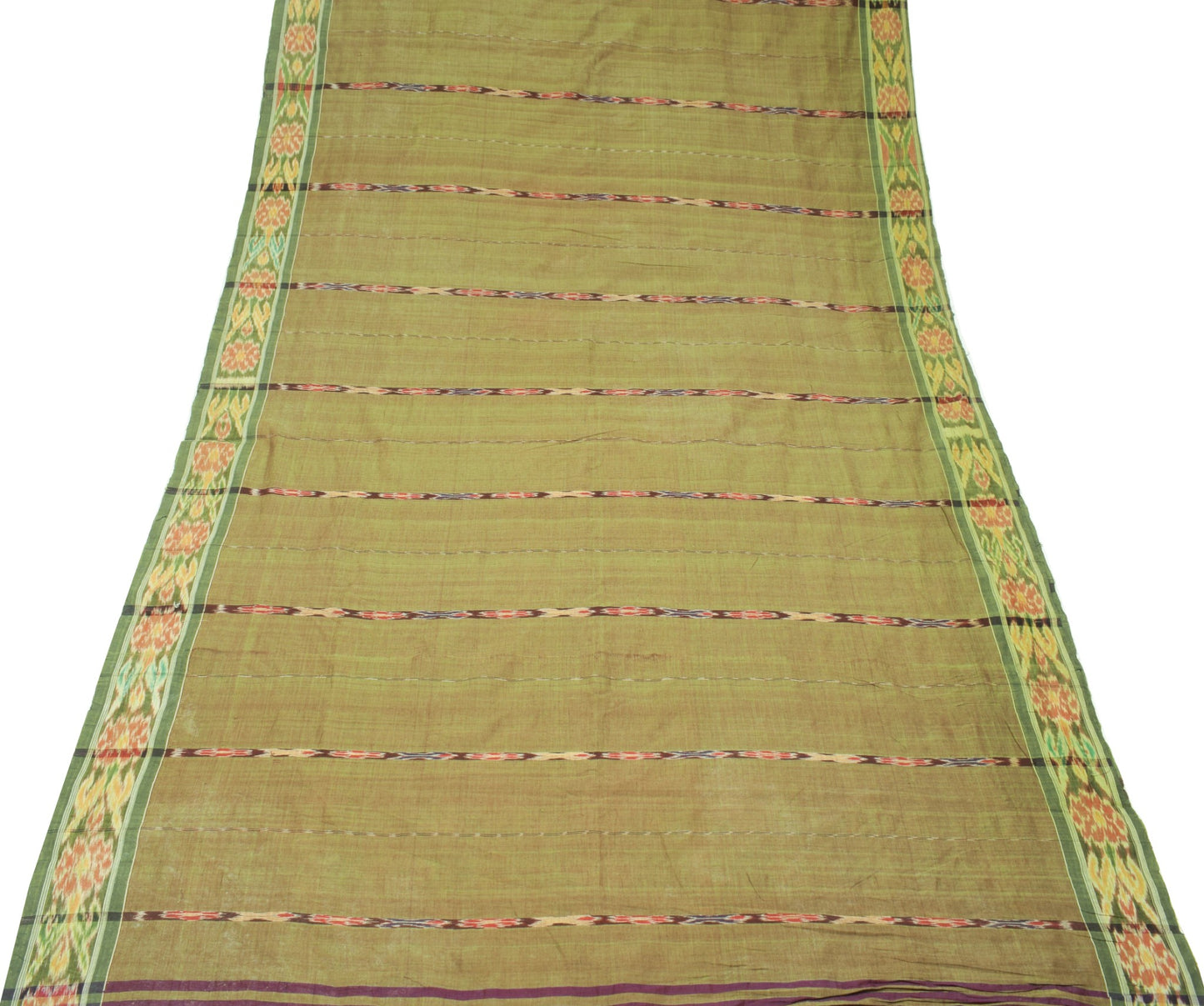 Sushila Vintage Sambalpuri Ikat Saree Pure Cotton Silk Hand Woven Green Fabric