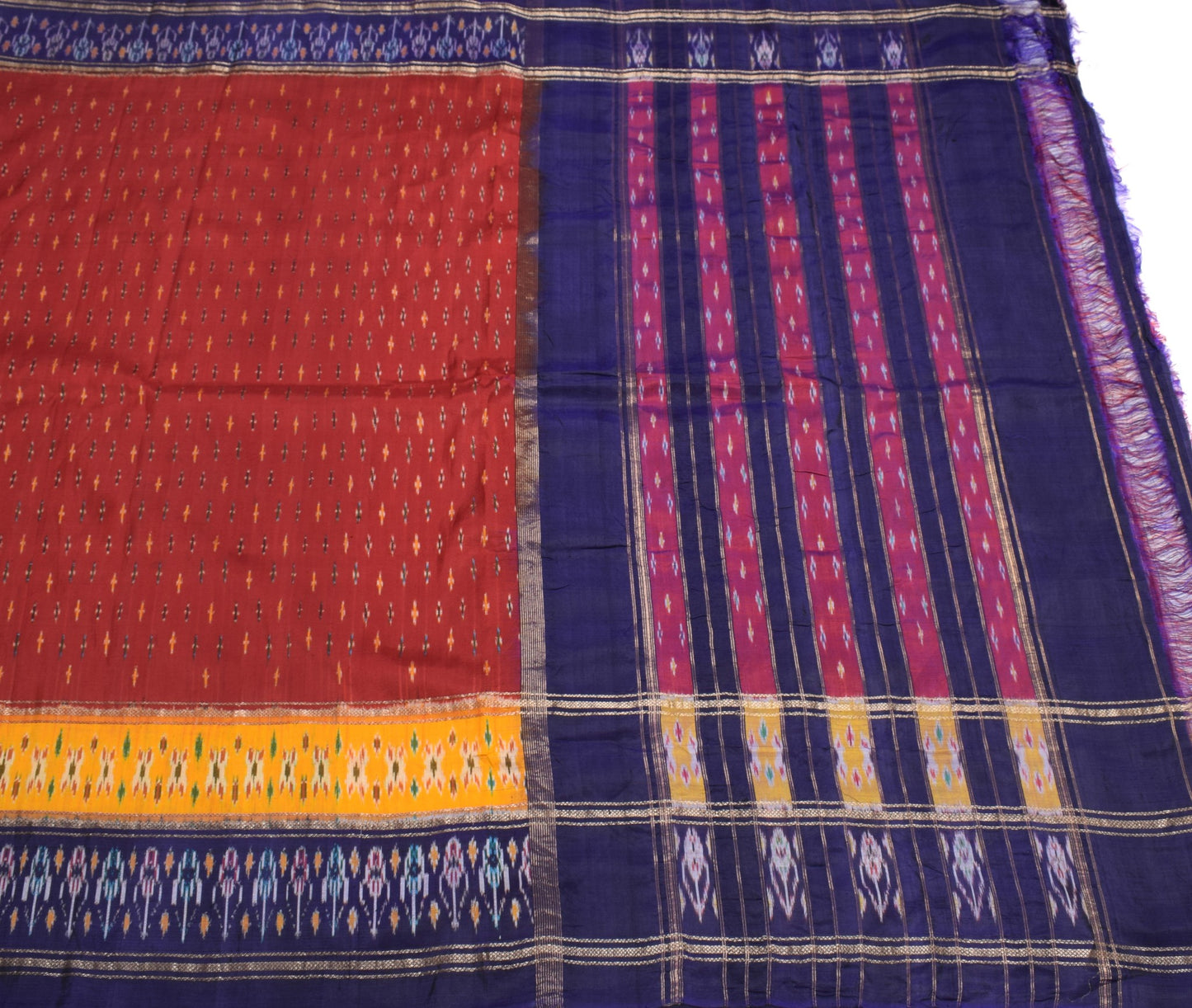 Sushila Vintage Maroon Saree Pure Silk Hand Woven Ikat Patola Rare Sari Fabric