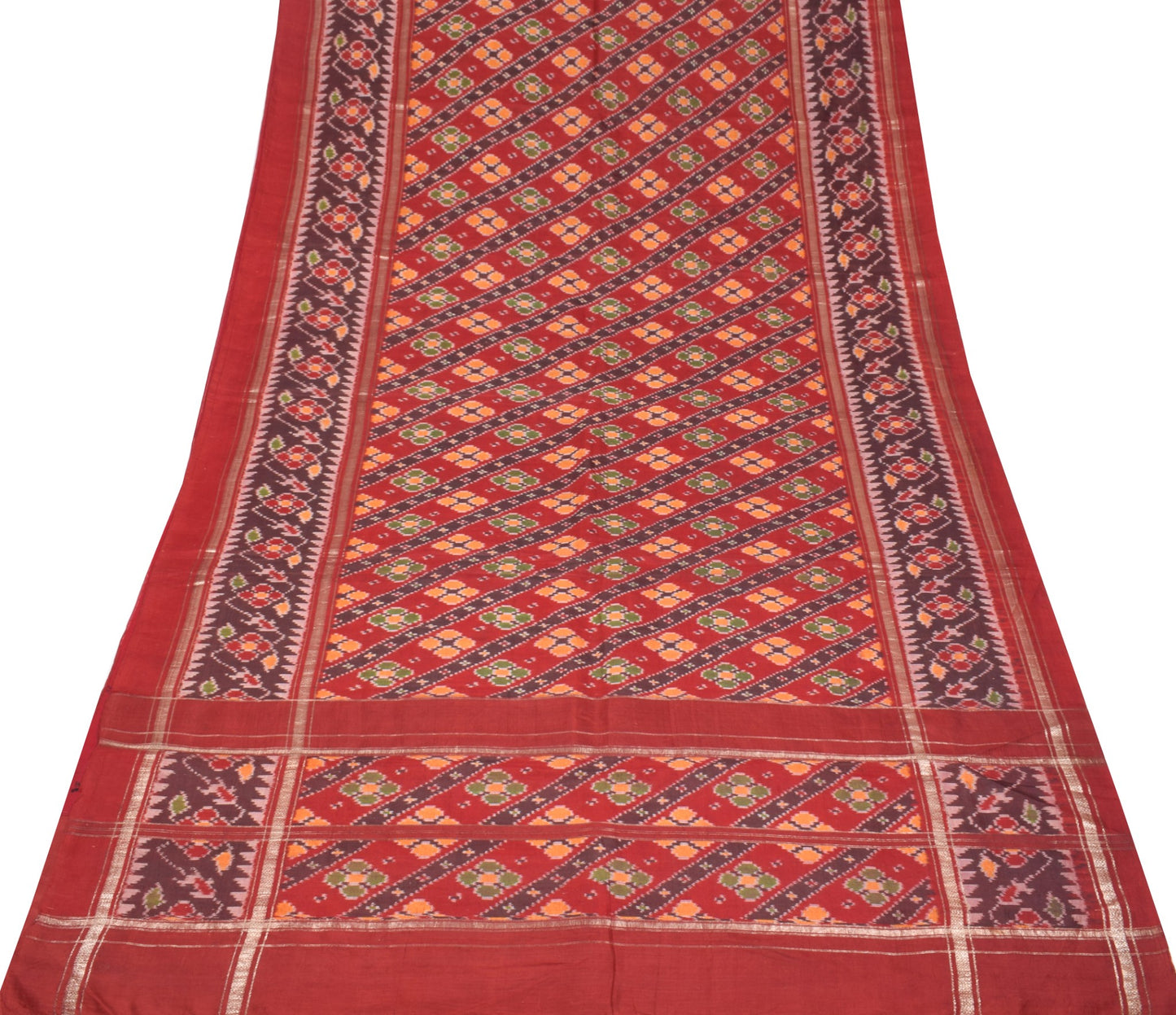Sushila Vintage Maroon Saree Pure Silk Hand Woven Ikat Patola Rare Sari Fabric