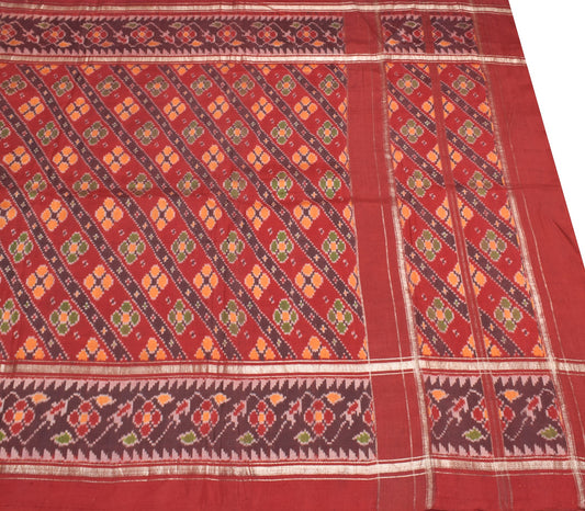 Sushila Vintage Maroon Saree Pure Silk Hand Woven Ikat Patola Rare Sari Fabric