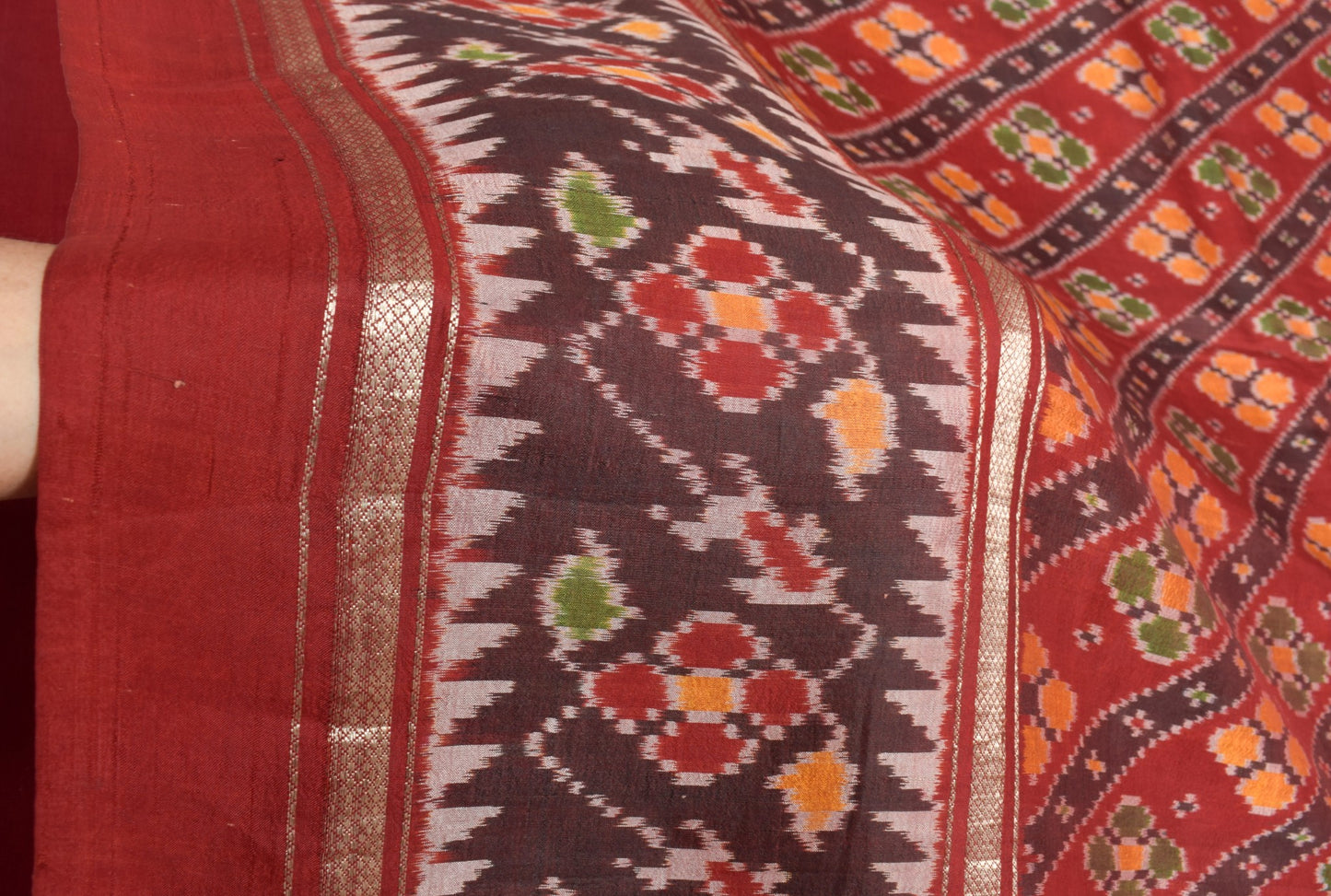 Sushila Vintage Maroon Saree Pure Silk Hand Woven Ikat Patola Rare Sari Fabric
