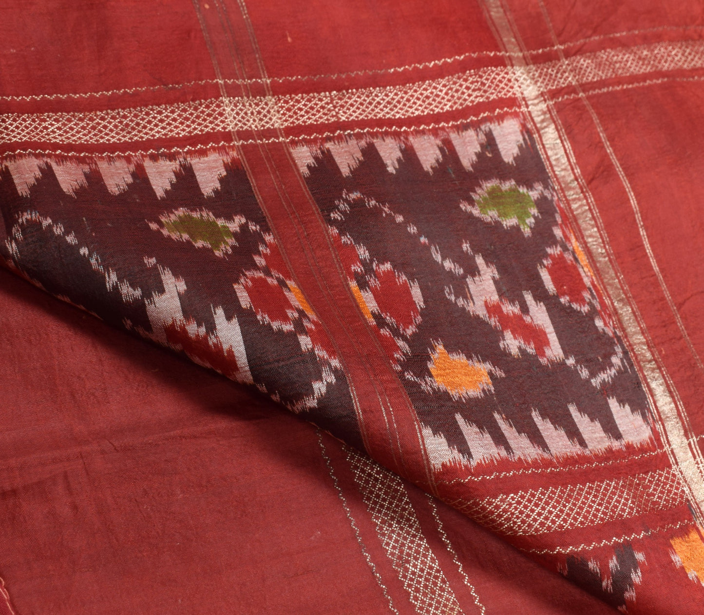 Sushila Vintage Maroon Saree Pure Silk Hand Woven Ikat Patola Rare Sari Fabric