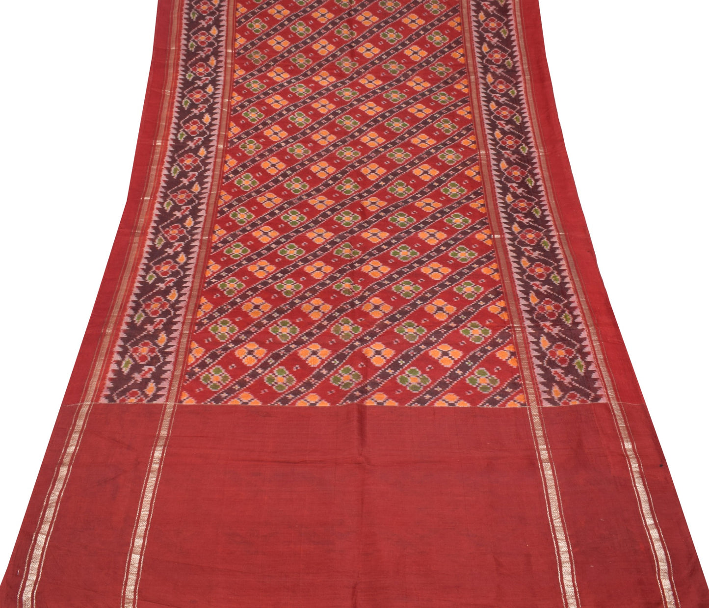 Sushila Vintage Maroon Saree Pure Silk Hand Woven Ikat Patola Rare Sari Fabric