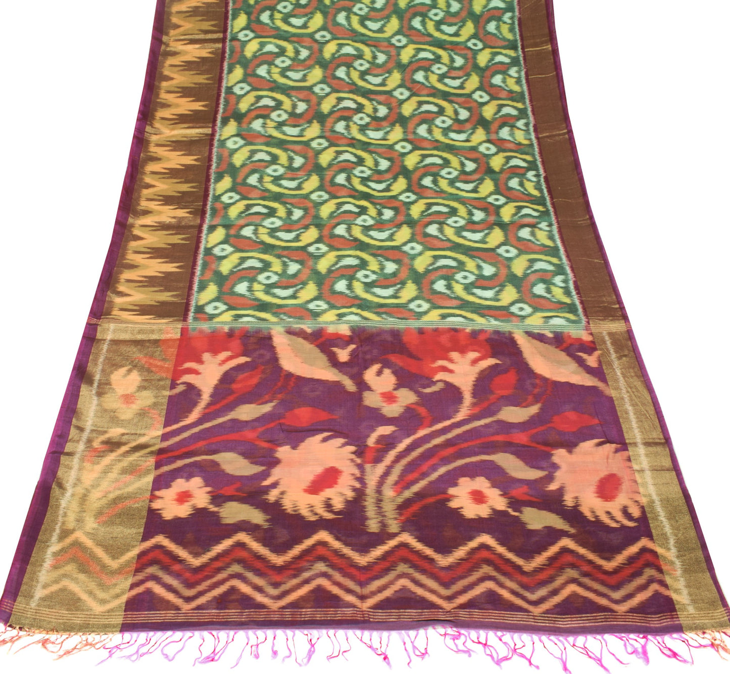 Sushila Vintage Pochampally Ikat Saree with Broad Zari Border Green Sari Fabric