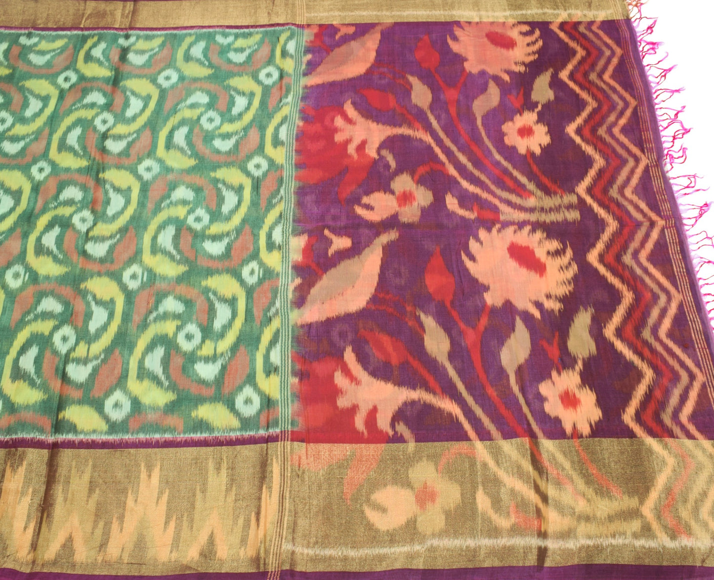 Sushila Vintage Pochampally Ikat Saree with Broad Zari Border Green Sari Fabric