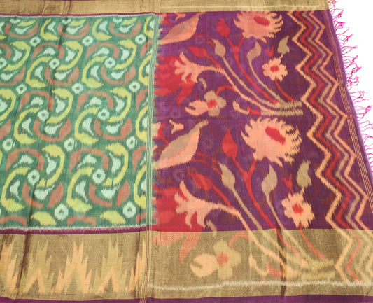 Sushila Vintage Pochampally Ikat Saree with Broad Zari Border Green Sari Fabric