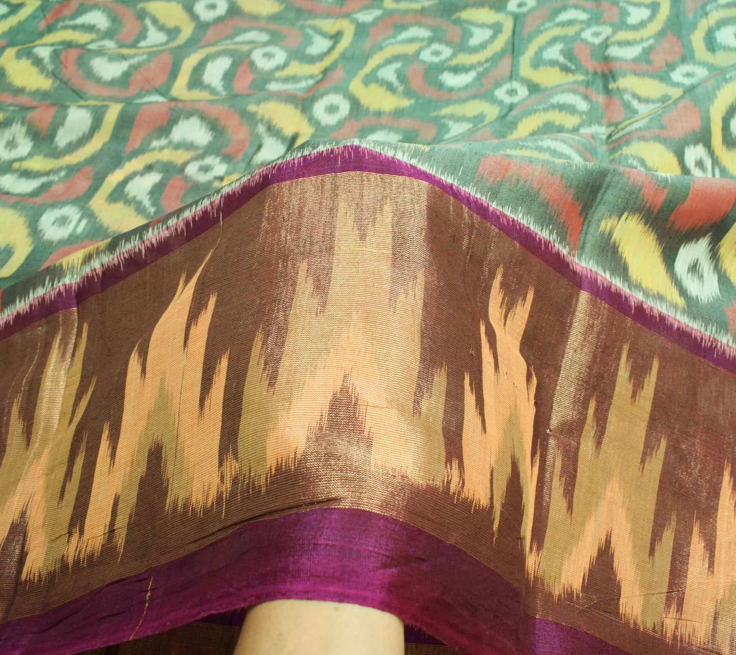 Sushila Vintage Pochampally Ikat Saree with Broad Zari Border Green Sari Fabric