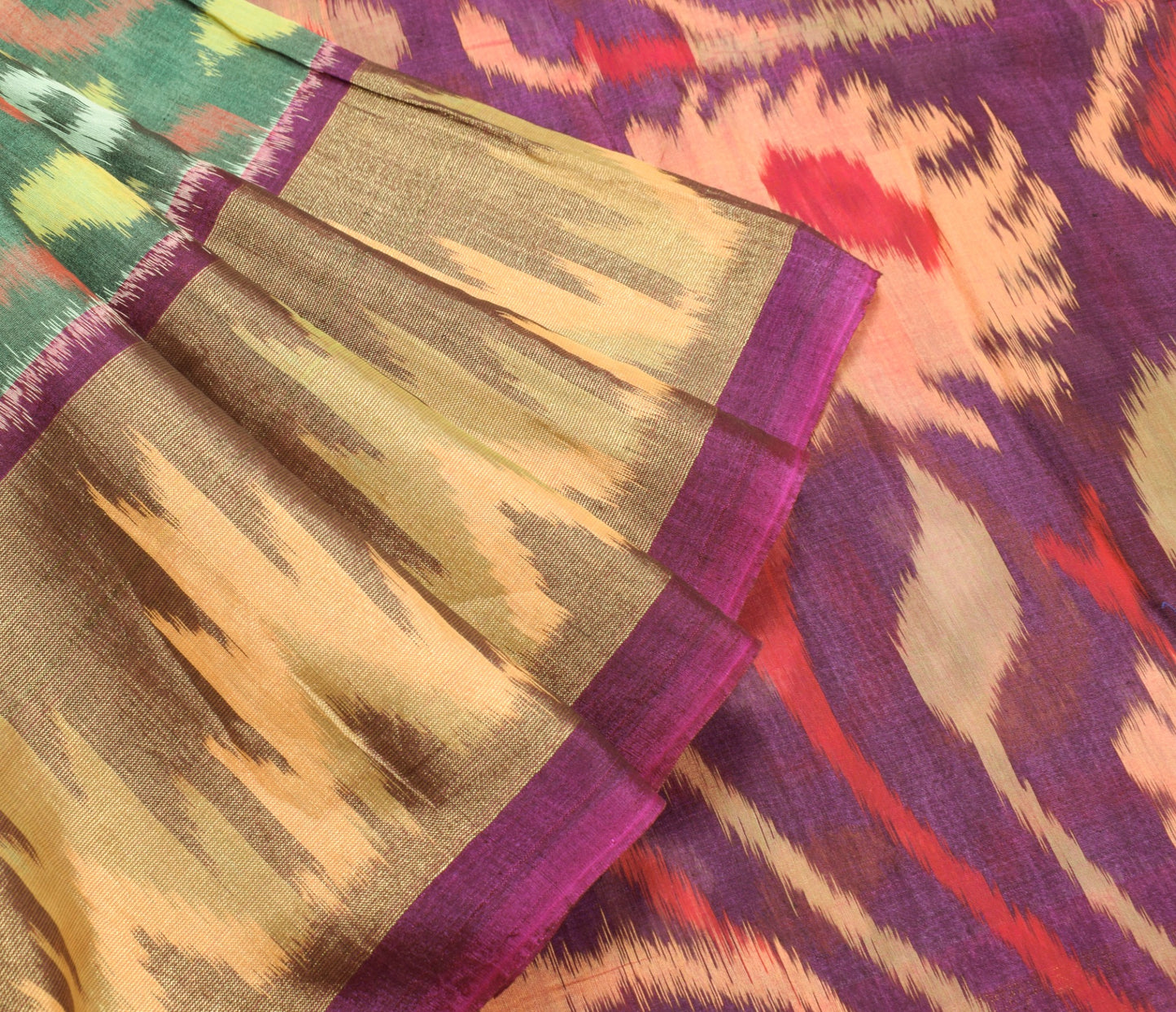 Sushila Vintage Pochampally Ikat Saree with Broad Zari Border Green Sari Fabric