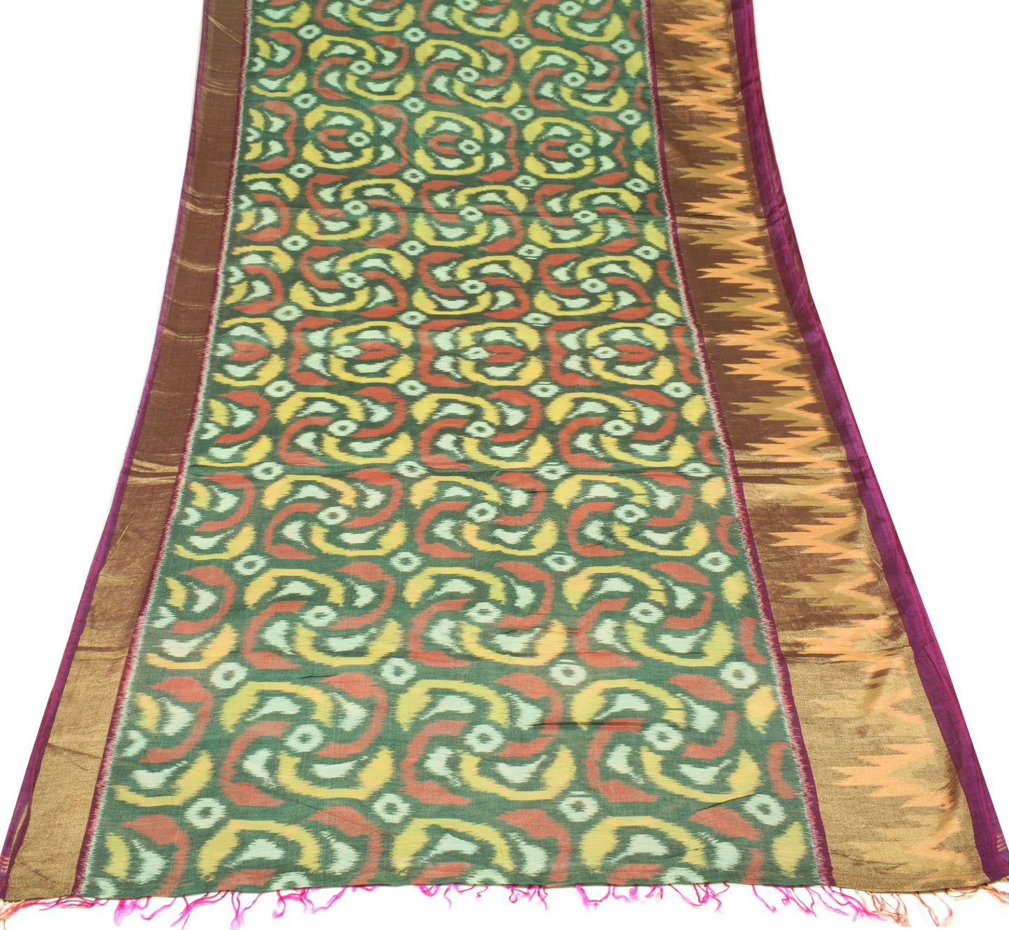 Sushila Vintage Pochampally Ikat Saree with Broad Zari Border Green Sari Fabric