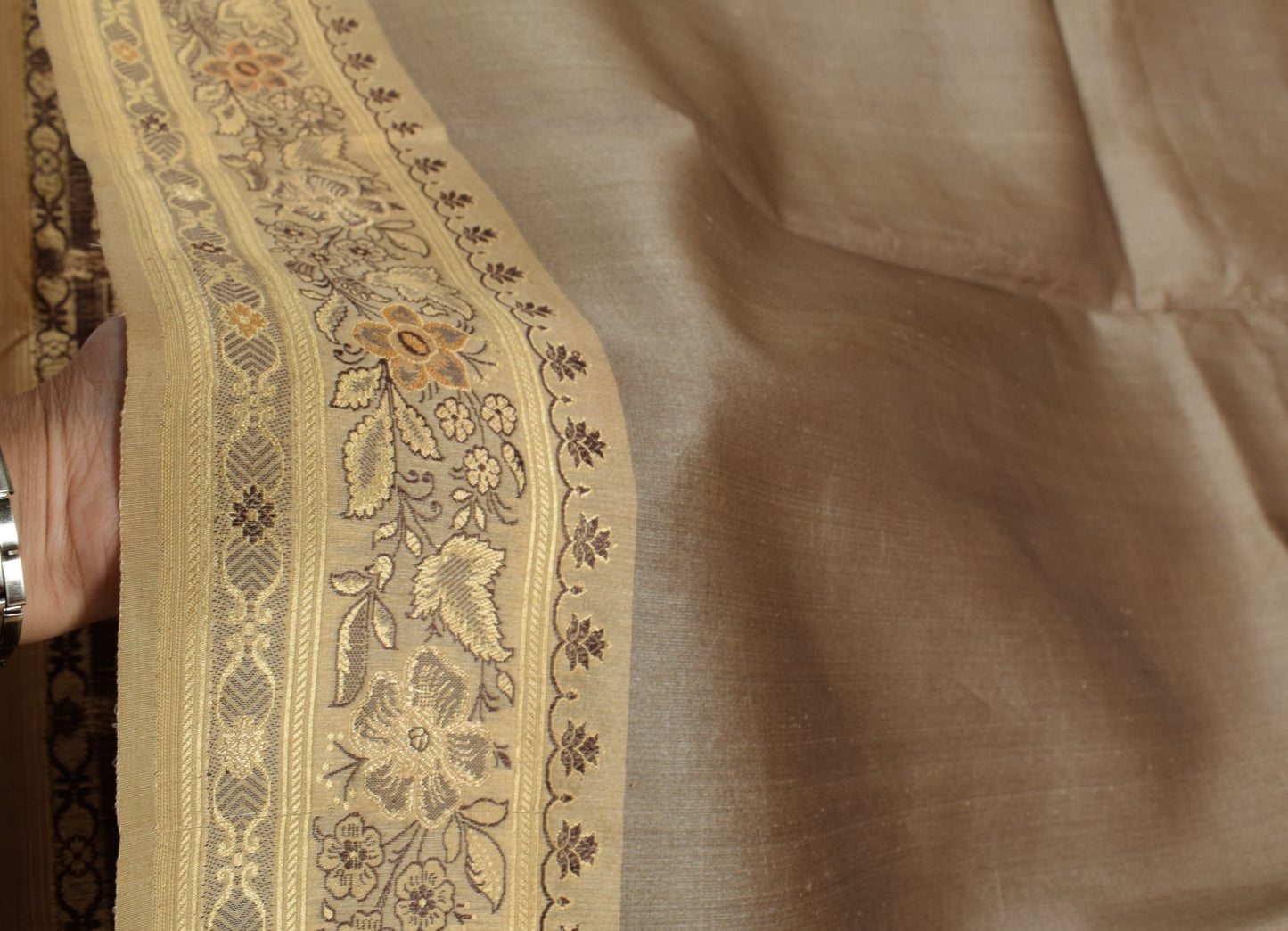 Sushila Vintage Mauve Saree with Brown Border Pallu Pure Silk Sari Craft Fabric