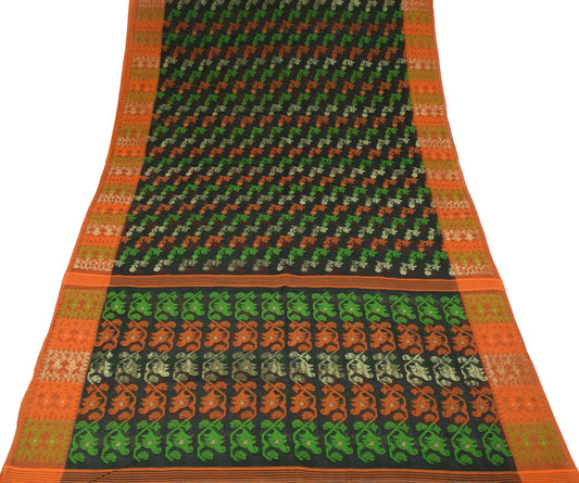 Sushila Vintage Black Jamdani Saree 100% Pure Cotton Hand Woven Sari Fabric