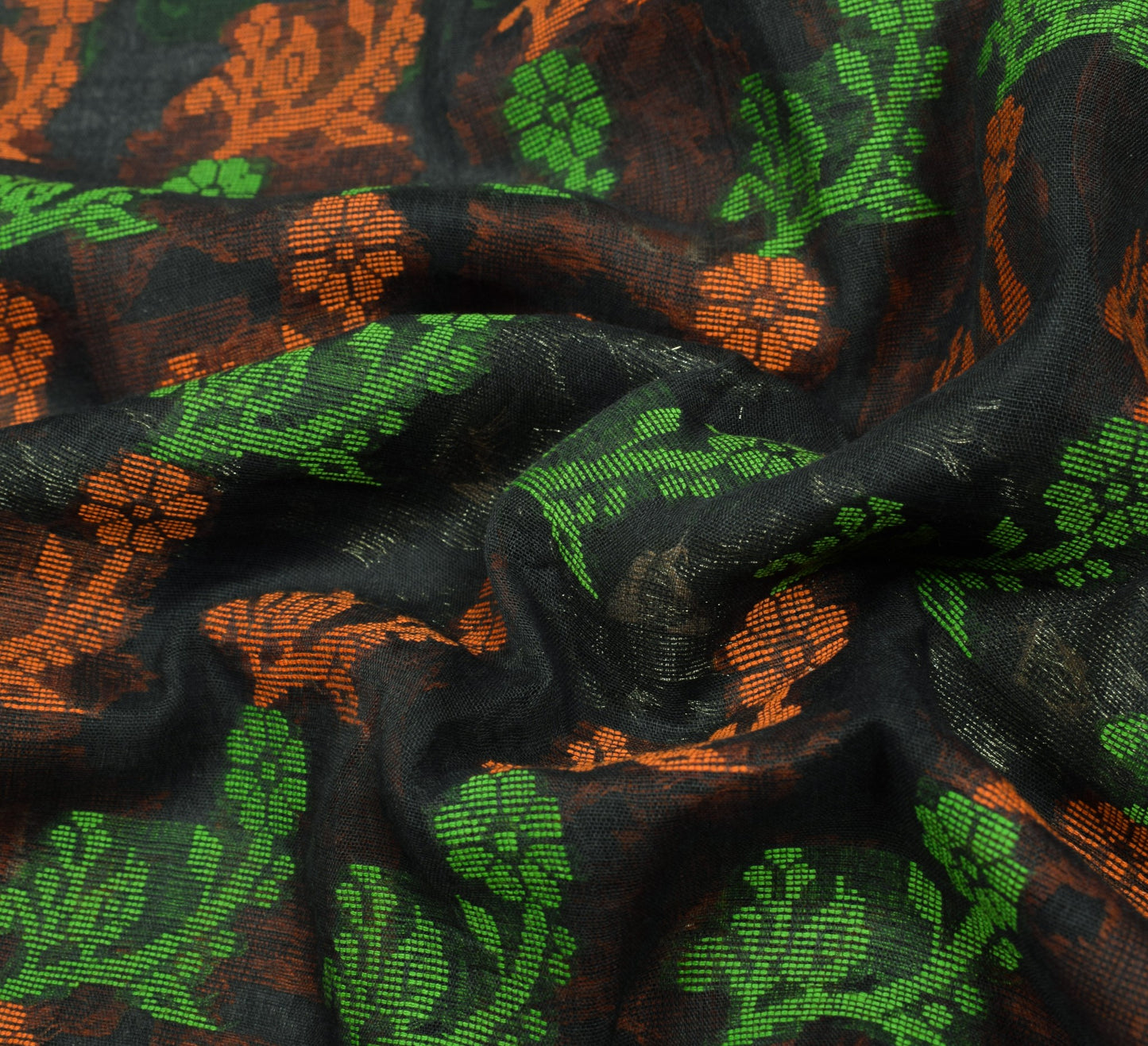 Sushila Vintage Black Jamdani Saree 100% Pure Cotton Hand Woven Sari Fabric