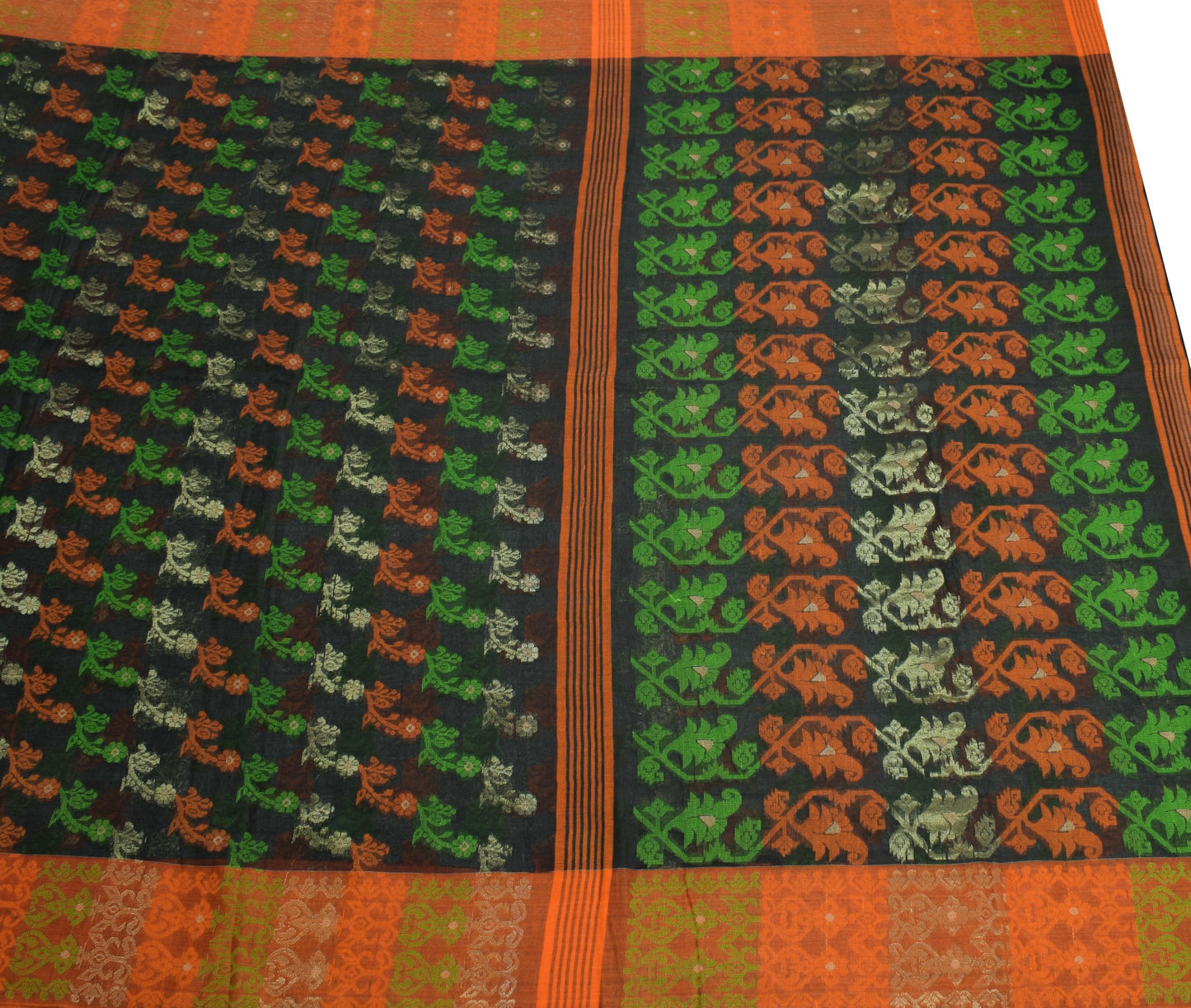 Sushila Vintage Black Jamdani Saree 100% Pure Cotton Hand Woven Sari Fabric