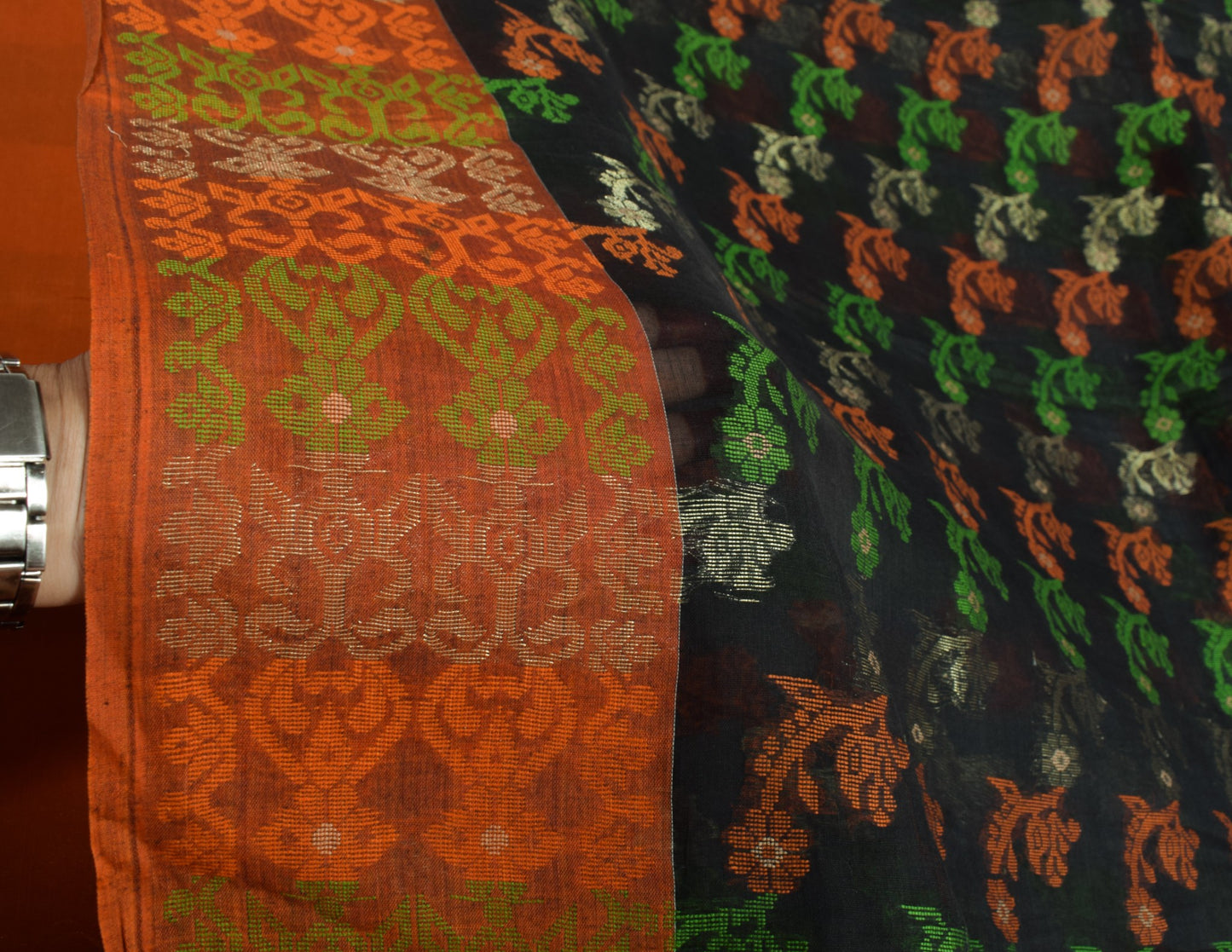 Sushila Vintage Black Jamdani Saree 100% Pure Cotton Hand Woven Sari Fabric