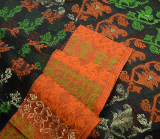 Sushila Vintage Black Jamdani Saree 100% Pure Cotton Hand Woven Sari Fabric