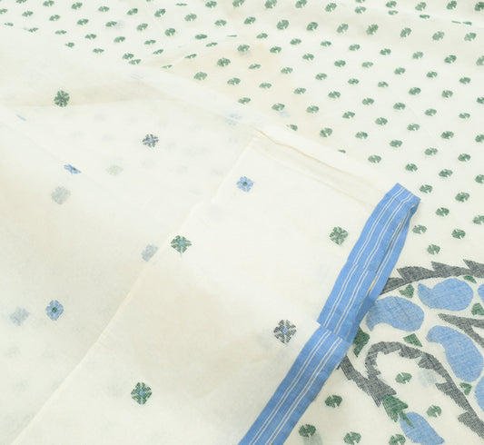 Sushila Vintage White Jamdani Saree 100% Pure Cotton Hand Woven Soft Sari Fabric