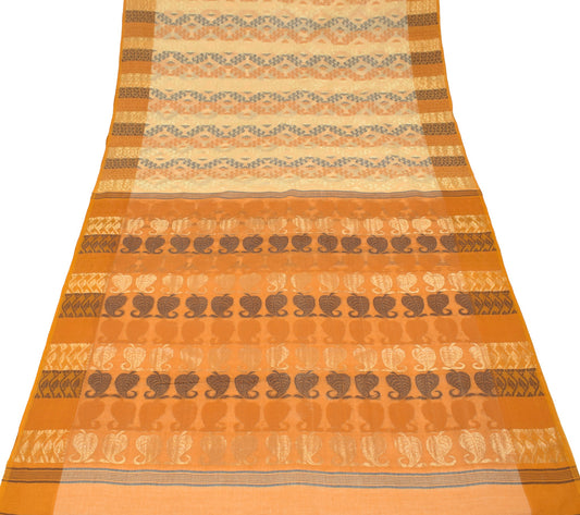 Sushila Vintage Bengal's Jamdani Saree Peach Pure Cotton Hand Woven Sari Fabric
