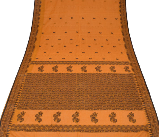 Sushila Vintage Mustard Woven Saree 100% Pure Cotton Floral Indian Sari Fabric