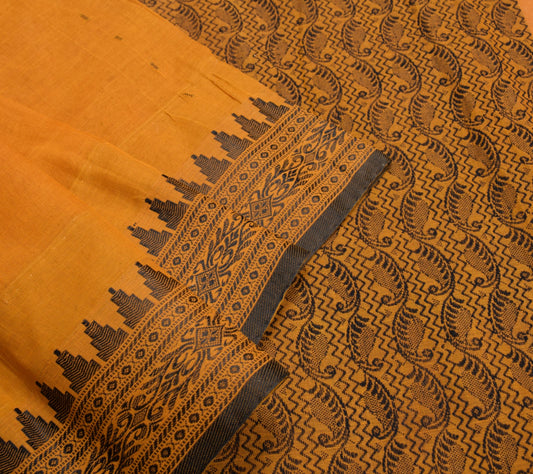 Sushila Vintage Mustard Woven Saree 100% Pure Cotton Floral Indian Sari Fabric