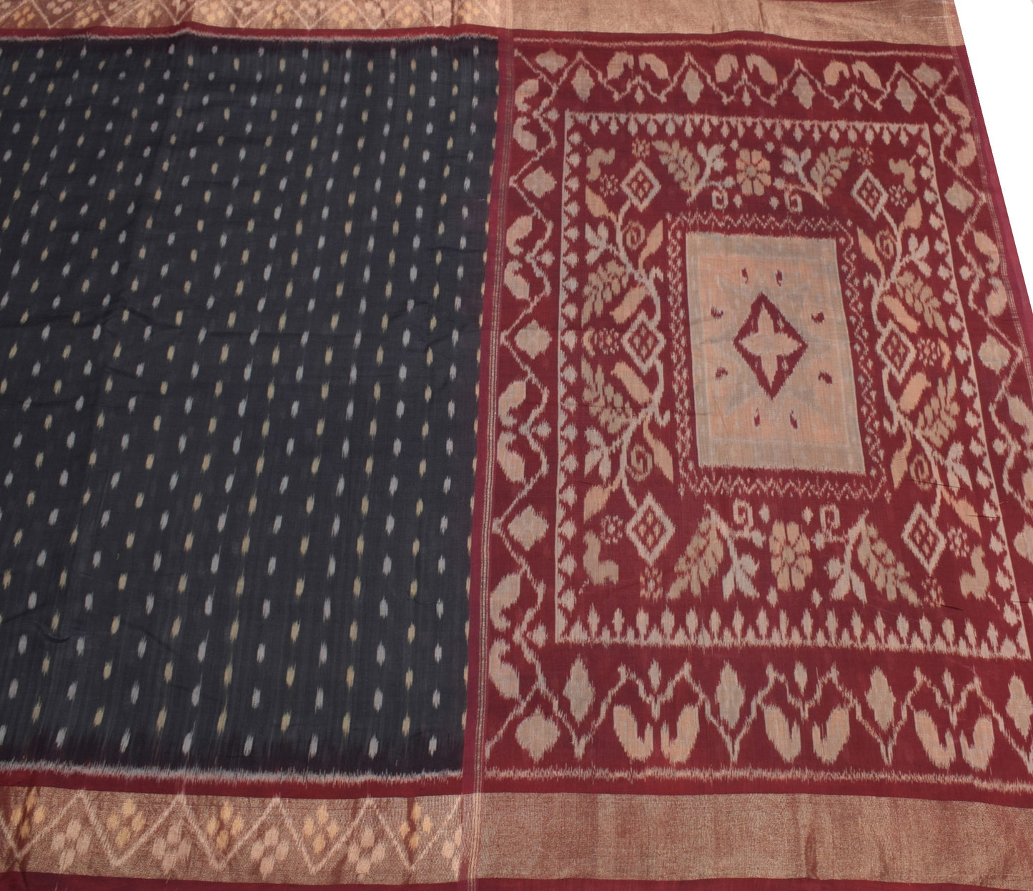 Sushila Vintage Black Pure Cotton Silk Saree Zari Border Pochampally Ikat Sari