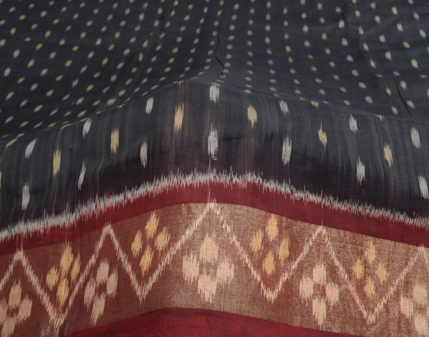 Sushila Vintage Black Pure Cotton Silk Saree Zari Border Pochampally Ikat Sari