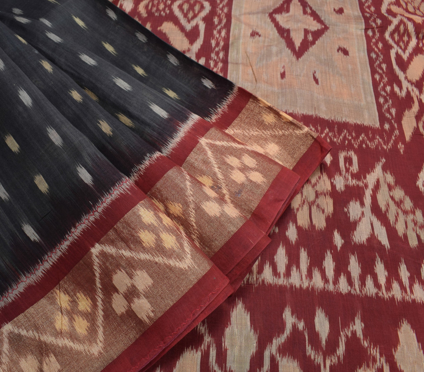 Sushila Vintage Black Pure Cotton Silk Saree Zari Border Pochampally Ikat Sari