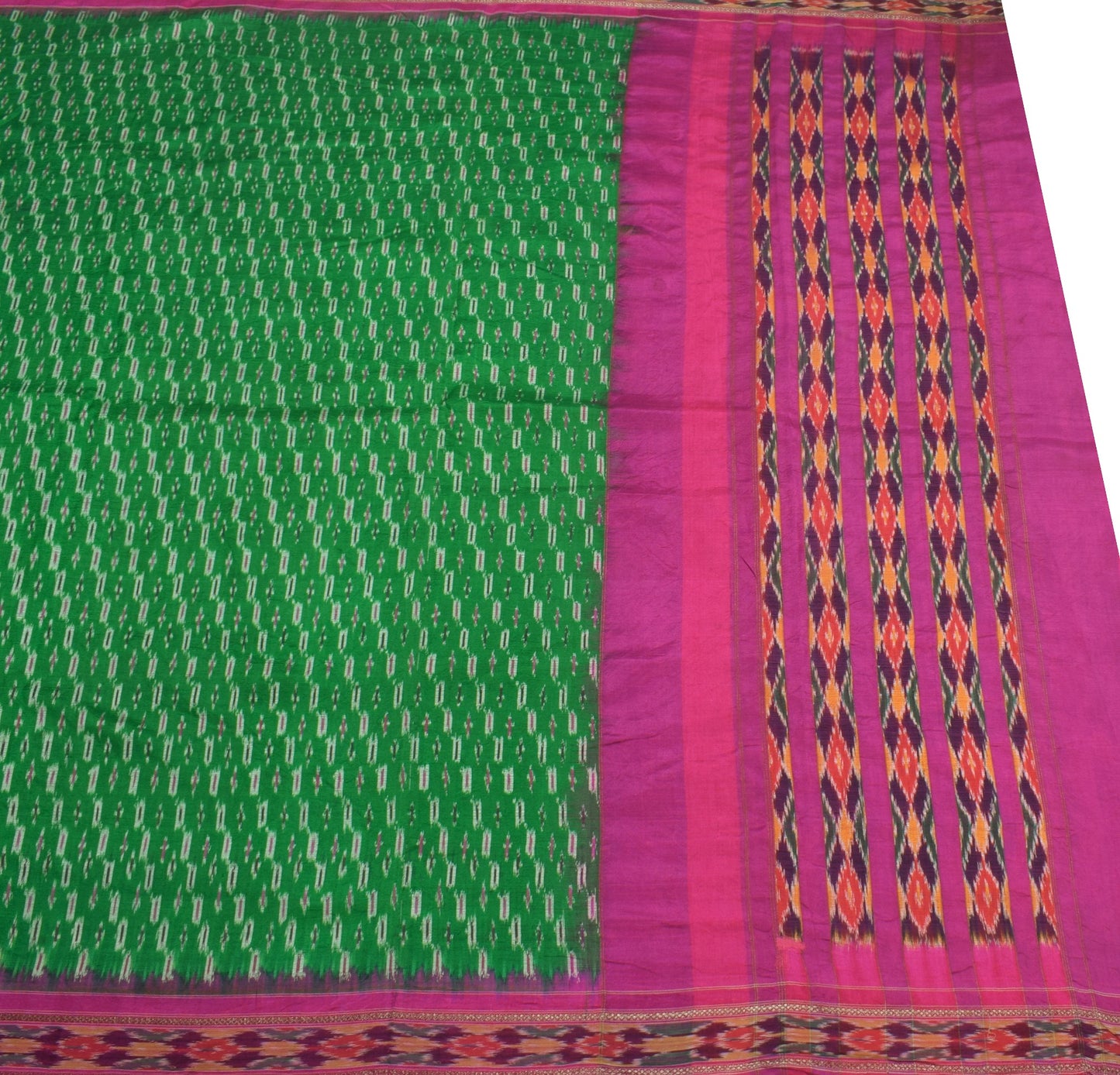 Sushila Vintage  Pochampally Ikat Saree Hand Woven Green Magenta Pure Silk Sari