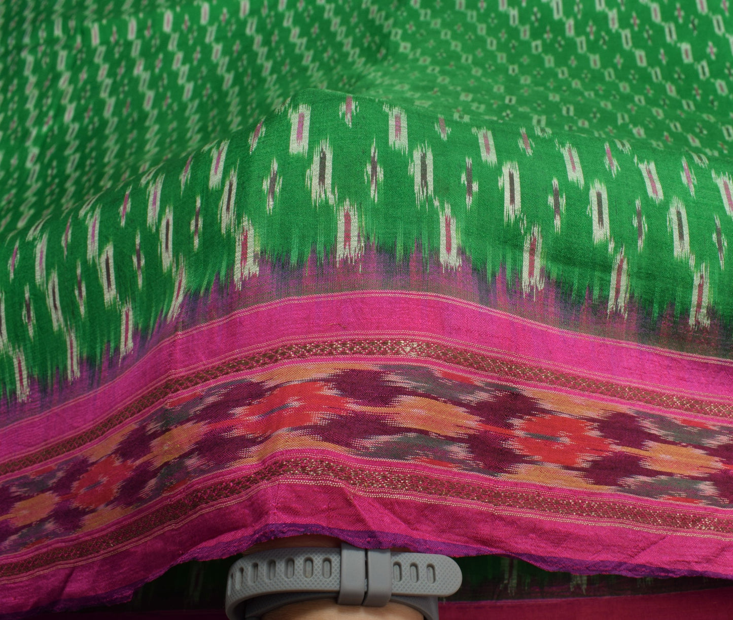 Sushila Vintage  Pochampally Ikat Saree Hand Woven Green Magenta Pure Silk Sari