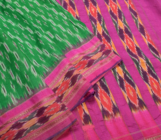 Sushila Vintage  Pochampally Ikat Saree Hand Woven Green Magenta Pure Silk Sari