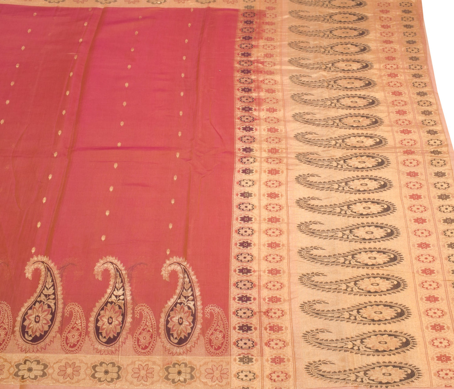 Sushila Vintage Pure Cotton Silk Saree Pink Dual Woven Zari Brocade Sari Fabric