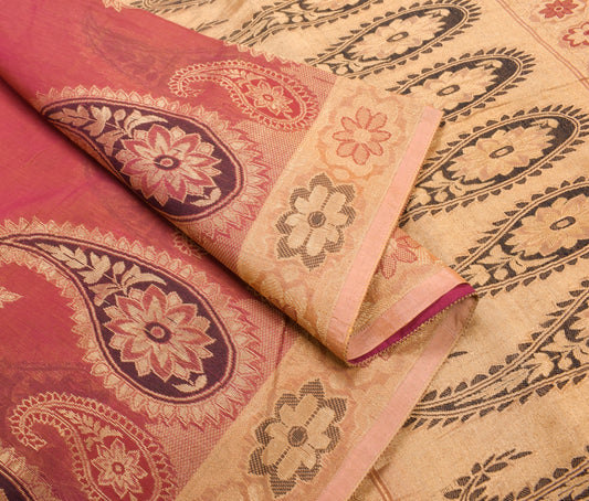 Sushila Vintage Pure Cotton Silk Saree Pink Dual Woven Zari Brocade Sari Fabric