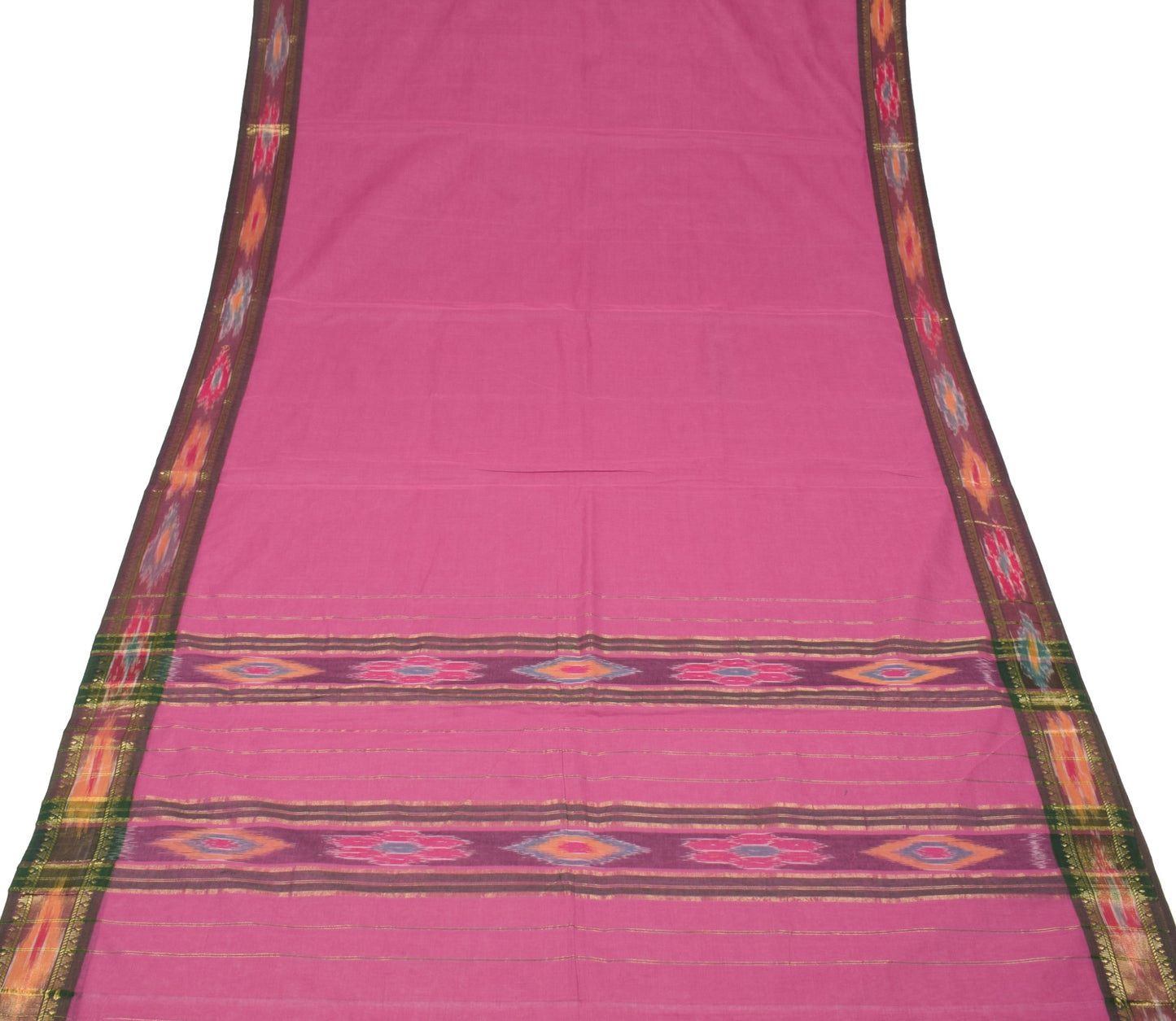 Sushila Vintage Ikat Pink Cotton Saree with Pochampally style Green Border Sari