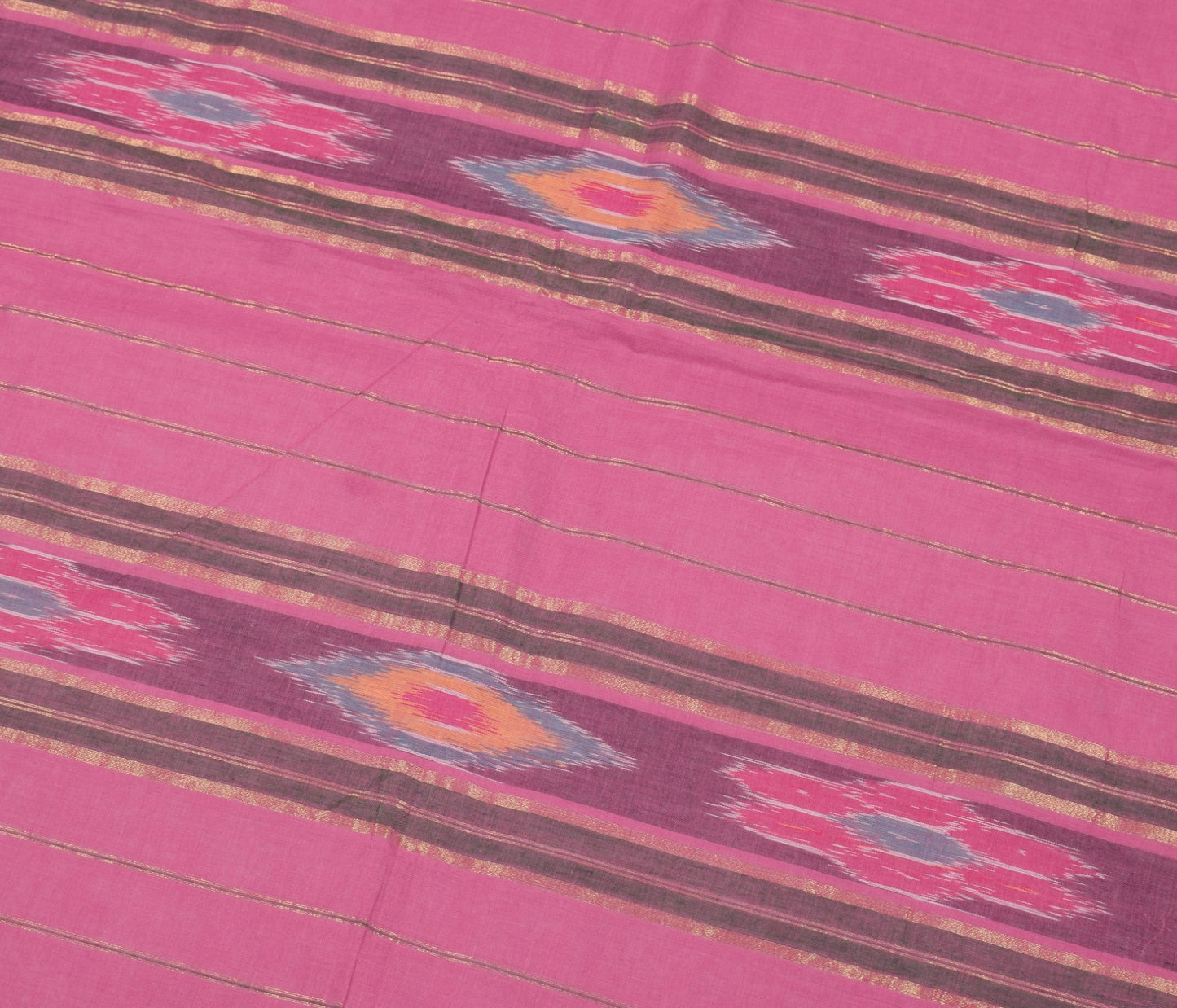 Sushila Vintage Ikat Pink Cotton Saree with Pochampally style Green Border Sari