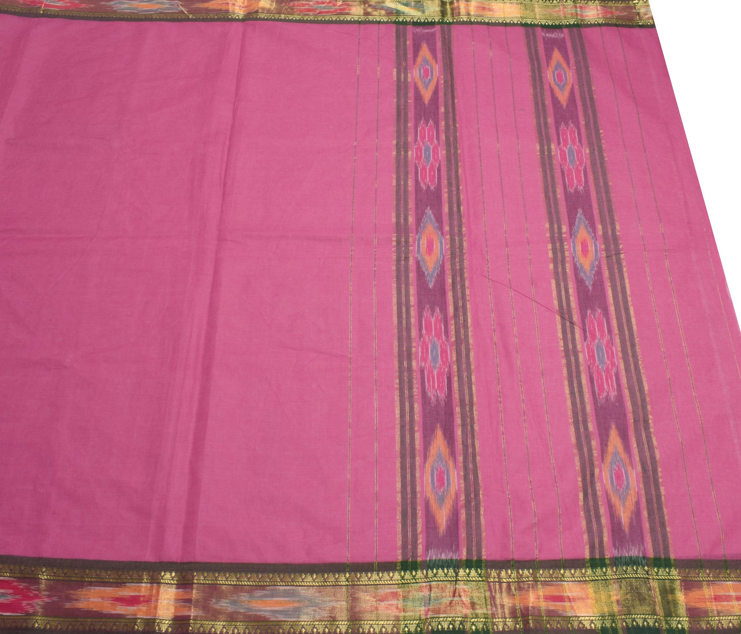 Sushila Vintage Ikat Pink Cotton Saree with Pochampally style Green Border Sari