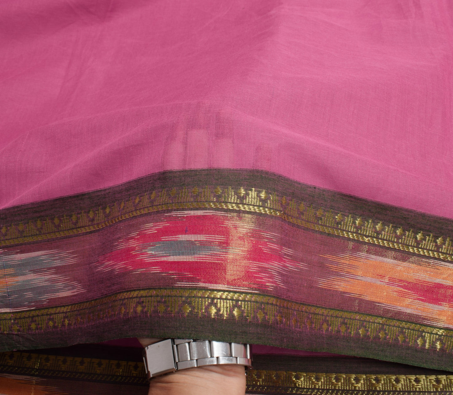 Sushila Vintage Ikat Pink Cotton Saree with Pochampally style Green Border Sari