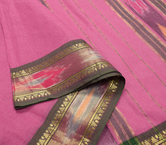 Sushila Vintage Ikat Pink Cotton Saree with Pochampally style Green Border Sari