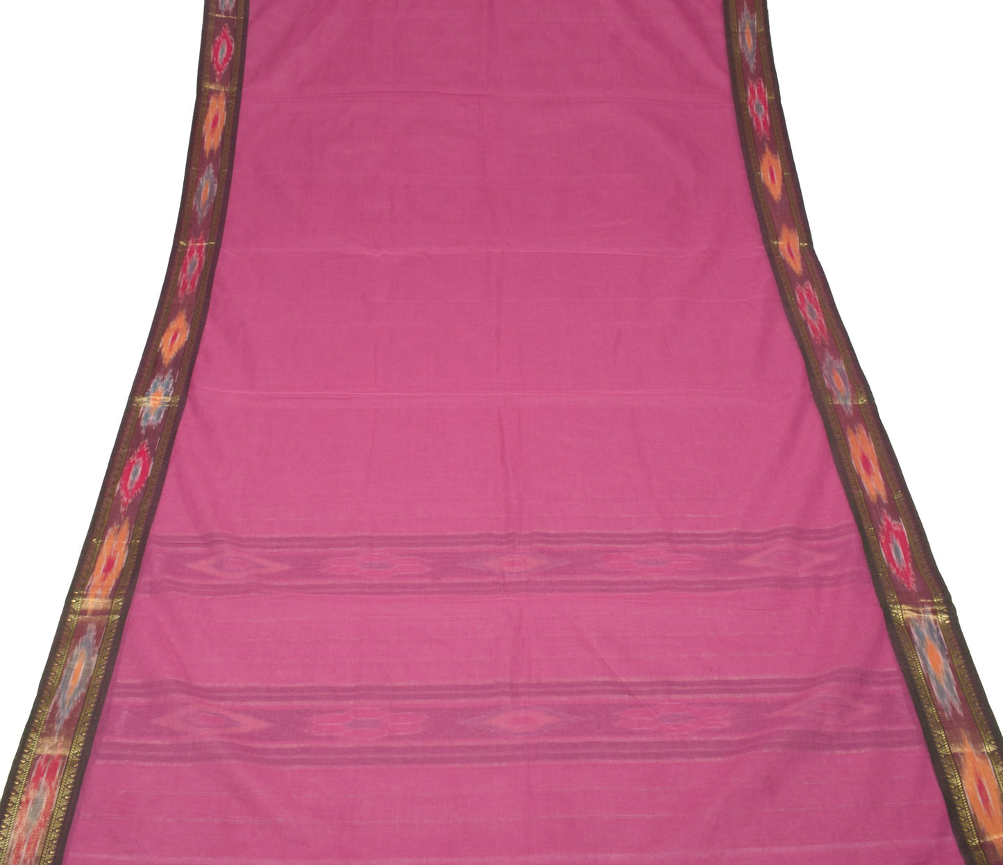 Sushila Vintage Ikat Pink Cotton Saree with Pochampally style Green Border Sari
