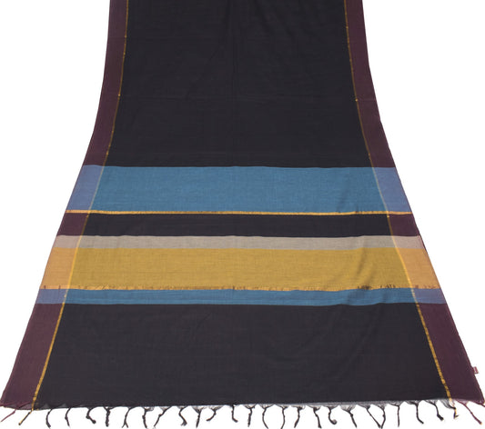 Sushila Vintage Black Woven Saree with Stripes Pallu Pure Cotton BRANDED Sari