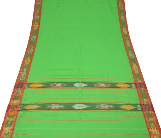 Sushila Vintage Parrot Green Saree HandWoven Ikat Patola Sari Pure Cotton Fabric