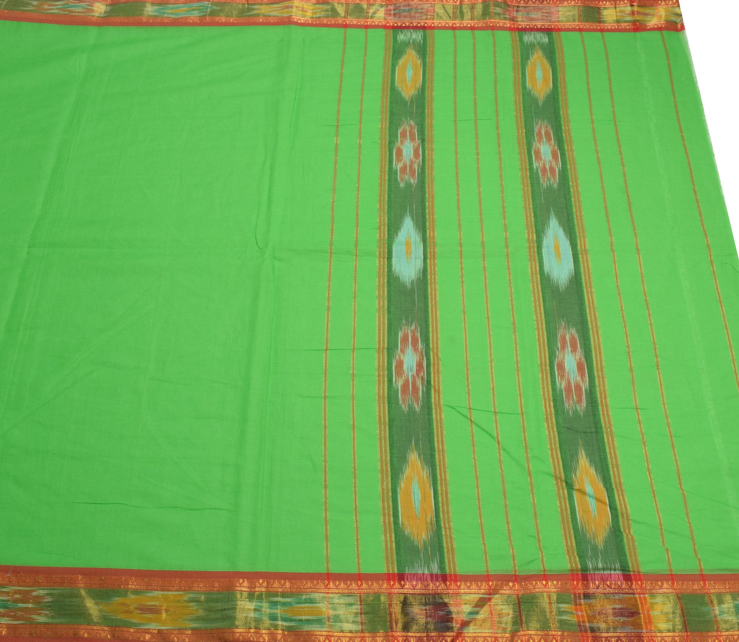 Sushila Vintage Parrot Green Saree HandWoven Ikat Patola Sari Pure Cotton Fabric