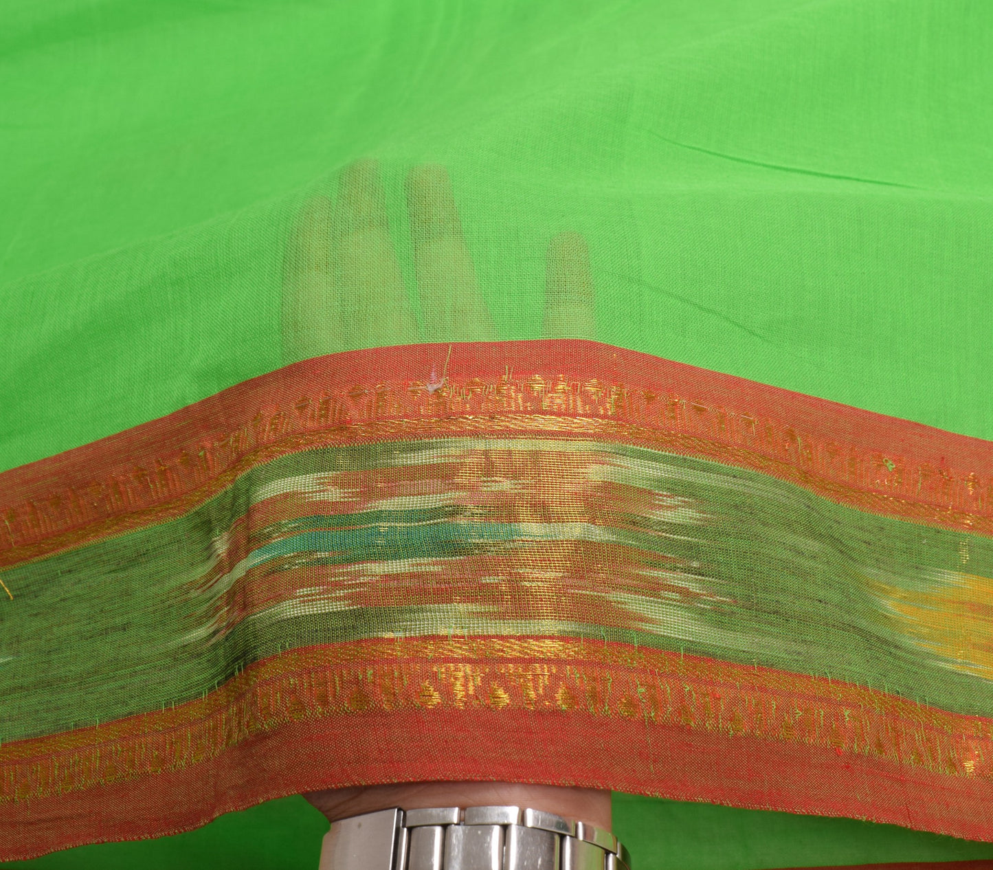 Sushila Vintage Parrot Green Saree HandWoven Ikat Patola Sari Pure Cotton Fabric