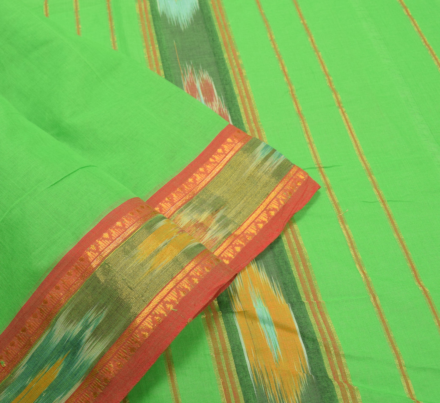 Sushila Vintage Parrot Green Saree HandWoven Ikat Patola Sari Pure Cotton Fabric
