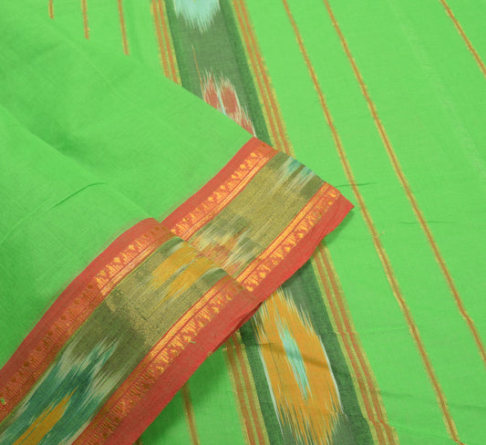 Sushila Vintage Parrot Green Saree HandWoven Ikat Patola Sari Pure Cotton Fabric