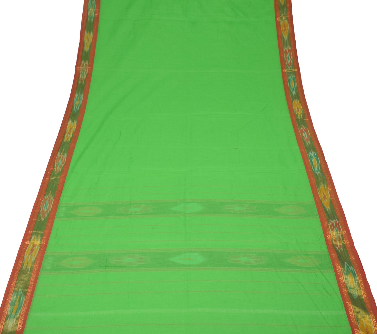 Sushila Vintage Parrot Green Saree HandWoven Ikat Patola Sari Pure Cotton Fabric