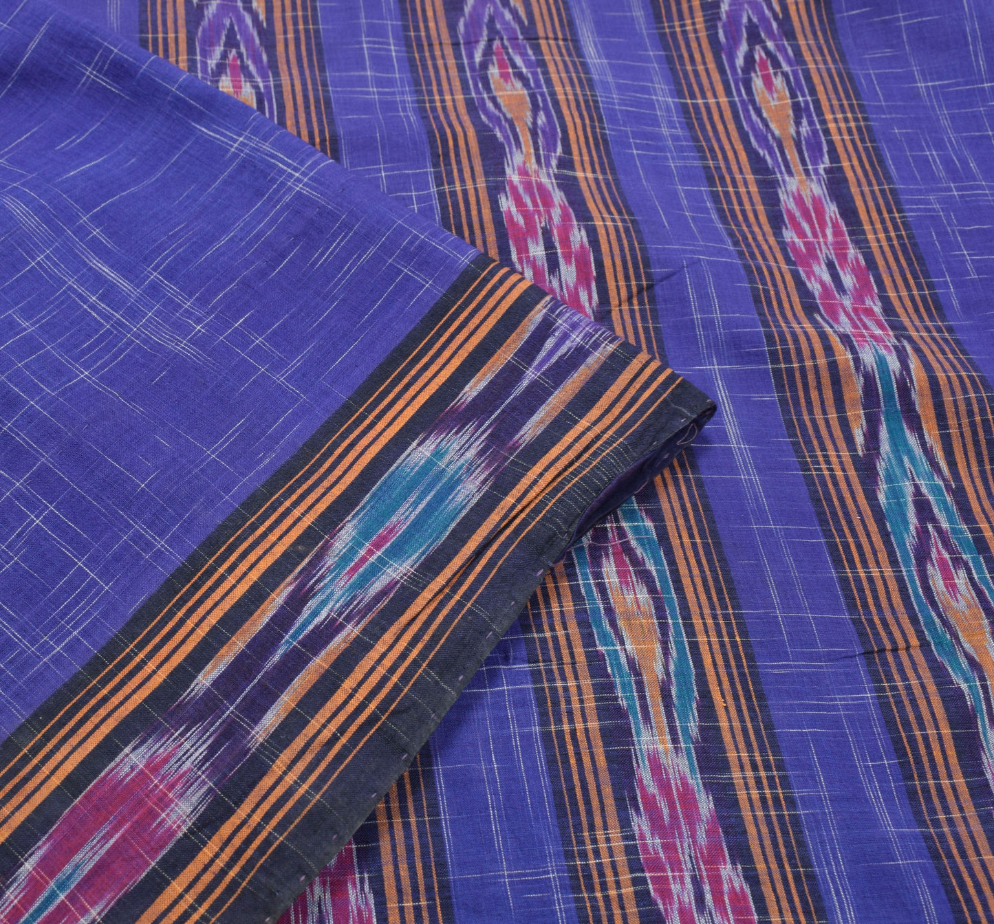 Sushila Vintage Sambalpuri Ikat Saree Handwoven Pure Cotton Blue Sari 5YD Fabric